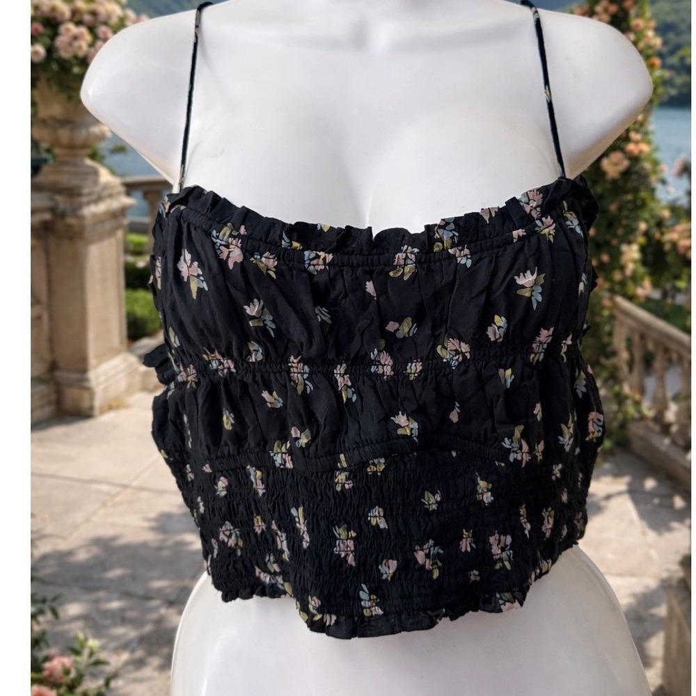 Free People Mens Black Floral Smocked Ruffle Crop Top Spaghetti Strap XS